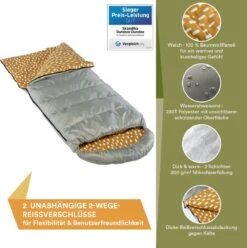 Skandika Dundee Flannel-R Slaapzak – Slaapzakken – Slaapzakken Volwassen - Maat M – Unisex - Katoen, Luxe Kwaliteit, Dubbele Slaapzak, 3 Seizoenen, Tot -20°C - 220 X 80 Cm - Outdoor Kampeerslaapzak – Ritssluiting Rechts - Grijs/geel -Beste Kampeer Winkel 1195x1200 1