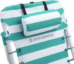 Strandstoel Met Afneembare Hoofdsteun, Draagbare Klapstoel, Campingstoel, Rugleuning Tot 180° Verstelbaar, Met Bekerhouder En Zijvak, Groene En Witte Strepen GCB62JW -Beste Kampeer Winkel 1200x1038