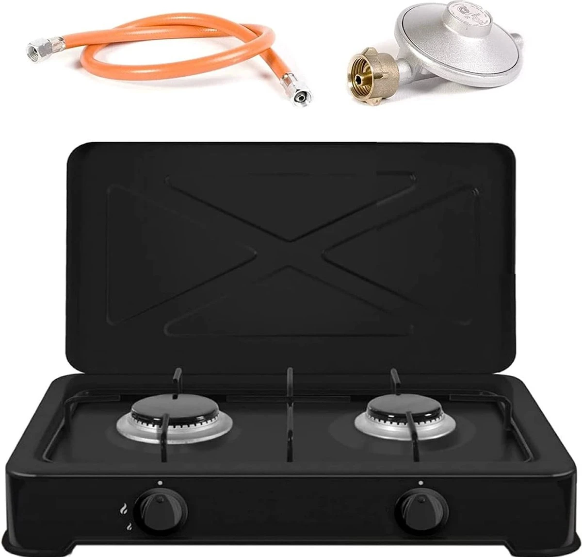 TronicXL Turbo Campingkooktoestel Met 2 Vlammen Aluminium Brander Gasaansluitslang En Drukregelaar, Gasfornuis, Gas, Zwart, Inclusief Draadgaas 3 TronicXL Turbo Campingkooktoestel Met 2 Vlammen Aluminium Brander Gasaansluitslang En Drukregelaar, Gasfornuis, Gas, Zwart, Inclusief Draadgaas