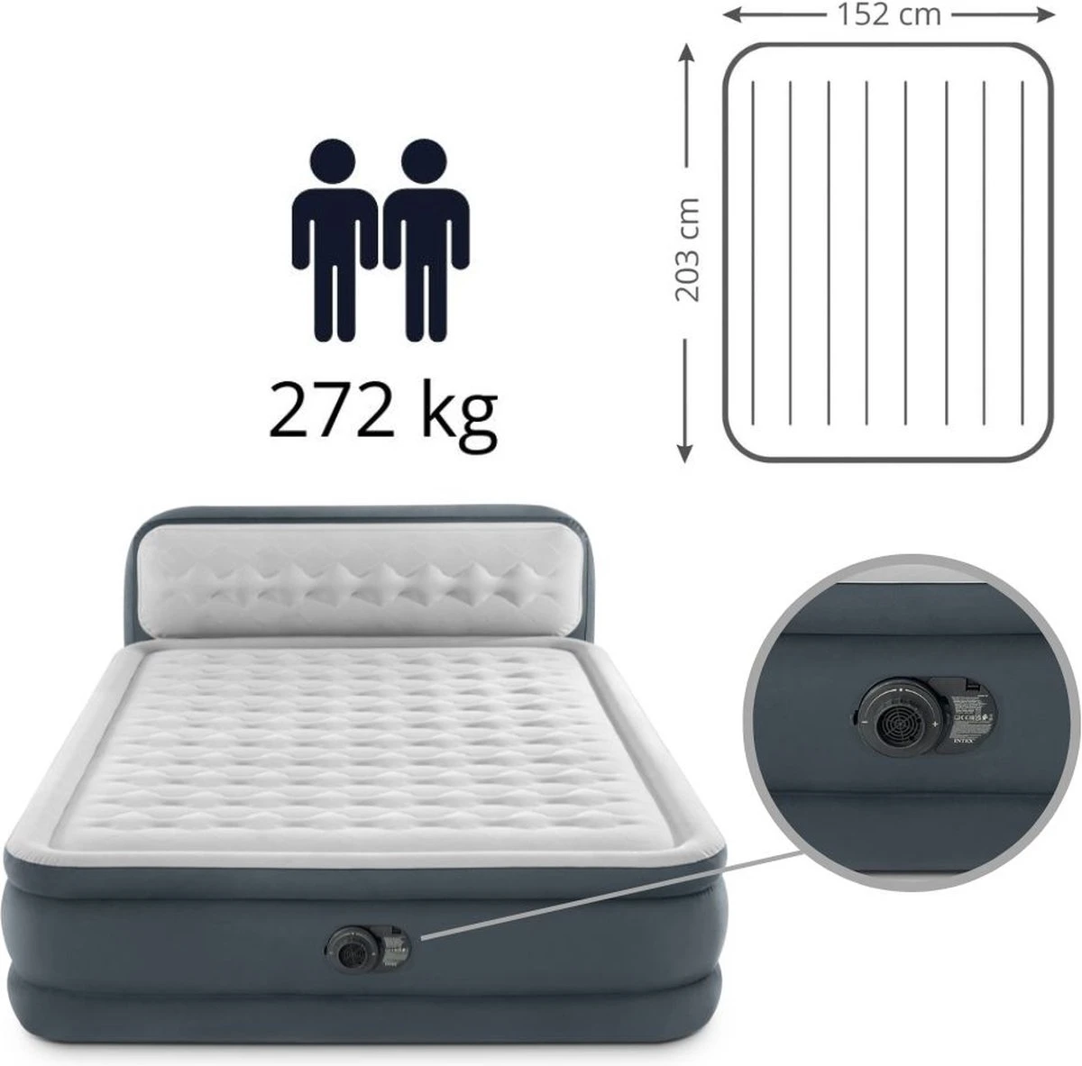 Intex 64448 - Queen Deluxe Ultra-Plush Zelfopblazend 2-persoons Luchtbed Met Hoofdboord (203x152x46cm) 12 Intex 64448 - Queen Deluxe Ultra-Plush Zelfopblazend 2-persoons Luchtbed Met Hoofdboord (203x152x46cm) - Afbeelding 10