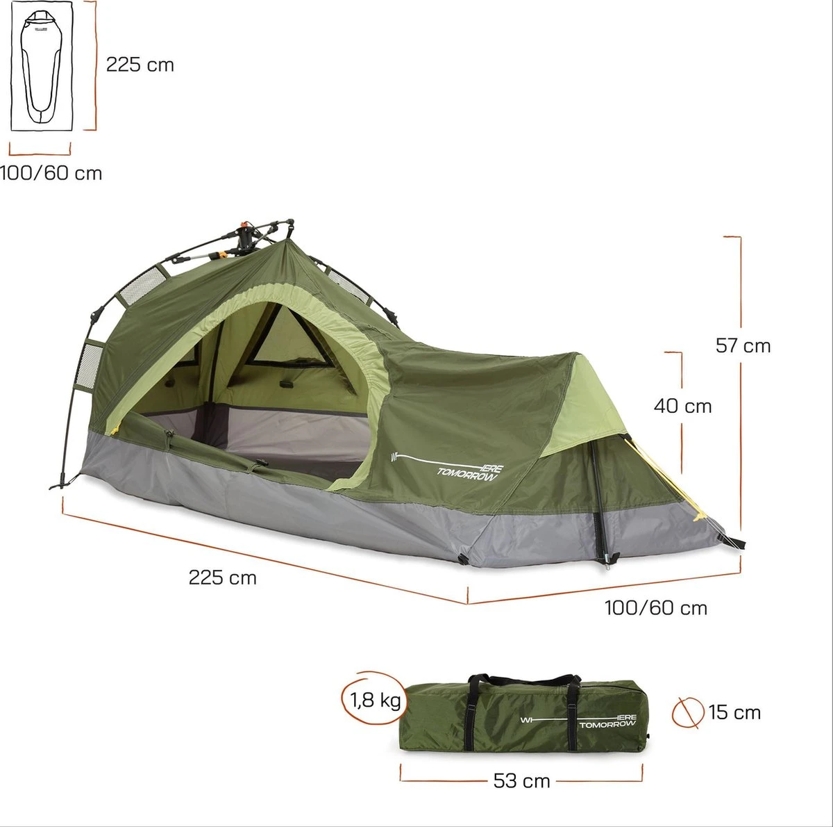 Where Tomorrow Solo Tent 225X100X57 Cm - Groen - 1 Persoons 8 Where Tomorrow Solo Tent 225X100X57 Cm - Groen - 1 Persoons - Afbeelding 6