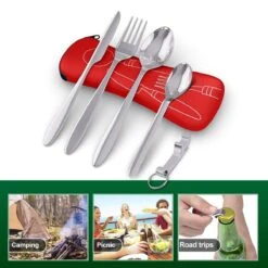 Roestvrij Staal Bestek (kampeerset) – Draagbare Reislepels, -vork En -mes Voor Festivals, Camping Of Trektochten - Wordt Geleverd Met Een Neopreen Draagtasje Met Een Lichtgewicht Flesopener -Beste Kampeer Winkel 1200x1200 1131