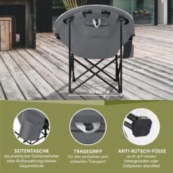 Skandika Moonchair Sirkka – Campingstoelen – Klapstoel – Vouwstoel – Kampeerstoel - Grote, Comfortabele, Campingstoel Opvouwbaar, Gepolsterd, Koelvak, Drinkhouder, Draaggreep En Draagtas, Antislipvoetjes - Max. 150 Kg – Zwart/grijs -Beste Kampeer Winkel 1200x1200 13