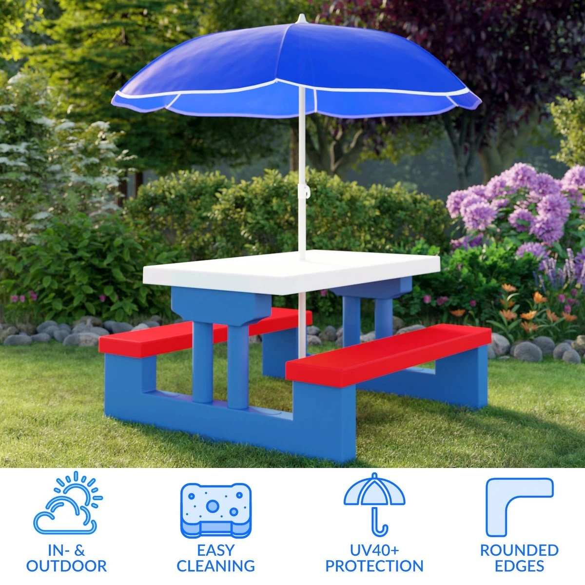 Merkloos Kinder Picknicktafel Met Parasol - Blauw 4 Merkloos Kinder Picknicktafel Met Parasol - Blauw - Afbeelding 2