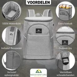 Needventure Koeltas - Lunchtas - Koelrugtas - Picknicktas - 20 Liter - Flessenhouder - Bieropener - Grijs -Beste Kampeer Winkel 1200x1200 333