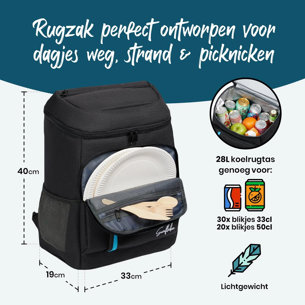 Sunflake Koelrugzak - Lunchtas - Koeltas Backpack Voor Dames & Heren - Zwart 5 Sunflake Koelrugzak - Lunchtas - Koeltas Backpack Voor Dames & Heren - Zwart - Afbeelding 3