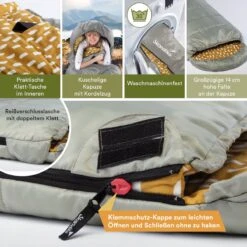 Skandika Dundee Flannel-R Slaapzak – Slaapzakken – Slaapzakken Volwassen - Maat M – Unisex - Katoen, Luxe Kwaliteit, Dubbele Slaapzak, 3 Seizoenen, Tot -20°C - 220 X 80 Cm - Outdoor Kampeerslaapzak – Ritssluiting Rechts - Grijs/geel -Beste Kampeer Winkel 1200x1200 690