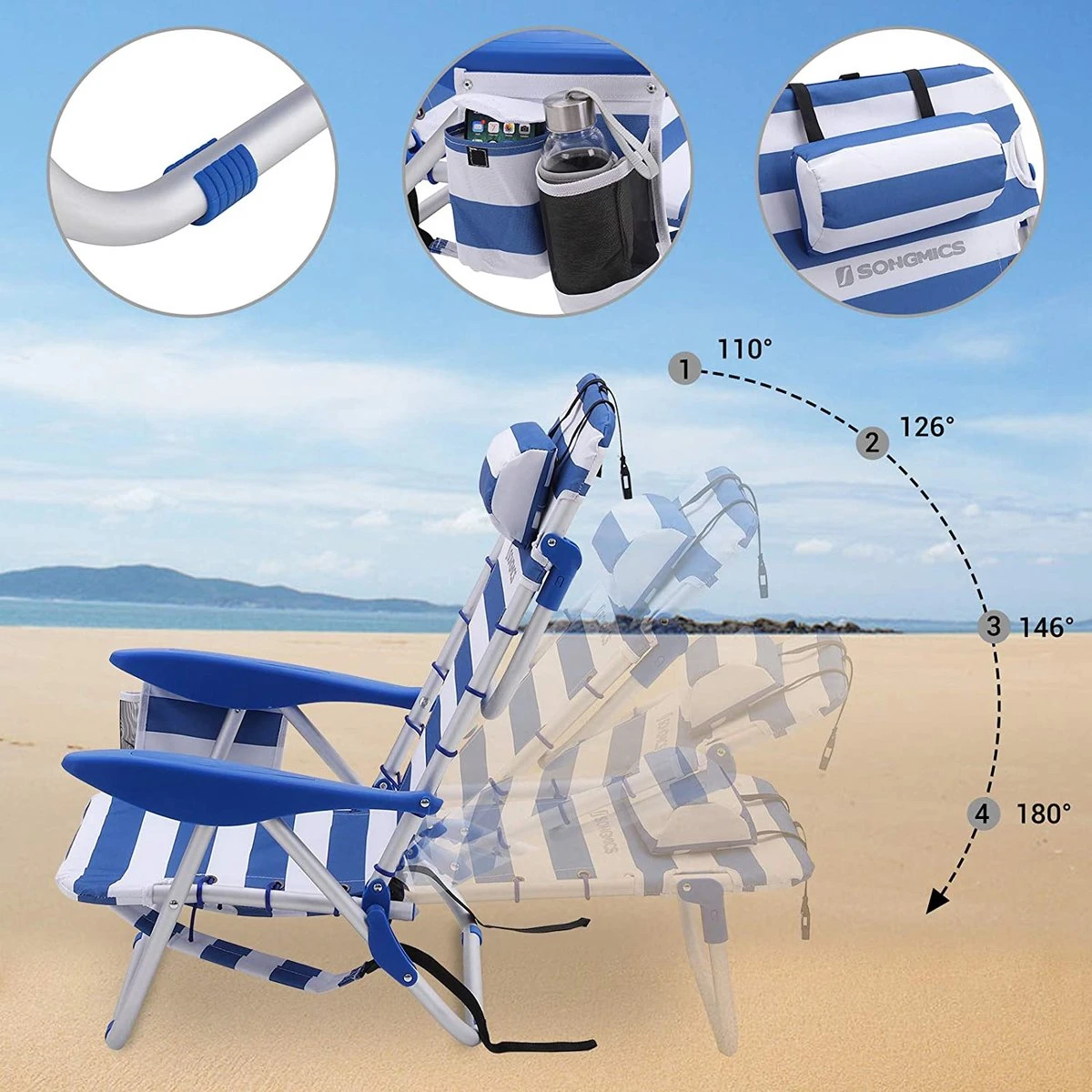Naqsh Store Strandstoel Met Hoofdkussen, Aluminium, Draagbare Vouwstoel, Campingstoel, Opvouwbaar En Verstelbaar, Zoals Een Rugzak Draagbaar, Buitenstoel, Blauw En Wit Gestreept GCB62BU 9 Naqsh Store Strandstoel Met Hoofdkussen, Aluminium, Draagbare Vouwstoel, Campingstoel, Opvouwbaar En Verstelbaar, Zoals Een Rugzak Draagbaar, Buitenstoel, Blauw En Wit Gestreept GCB62BU - Afbeelding 7