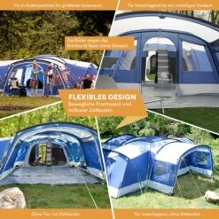 Skandika Nimbus Sleeper 12 Tent – Koepeltenten – 12 Persoons Familietent - Campingtent – Muggengaas – Sleeper Technology (3 Extra Donkere Slaapcabines) – 760 X 630 X 215 Cm (LxBxH) – 5000 Mm Waterkolom – Camping, Tuin – Kamperen – Blauw/wit -Beste Kampeer Winkel 1200x1200 896