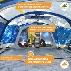 Skandika Nimbus Sleeper 12 Tent – Koepeltenten – 12 Persoons Familietent - Campingtent – Muggengaas – Sleeper Technology (3 Extra Donkere Slaapcabines) – 760 X 630 X 215 Cm (LxBxH) – 5000 Mm Waterkolom – Camping, Tuin – Kamperen – Blauw/wit -Beste Kampeer Winkel 1200x1200 897
