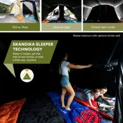 Skandika Montana 8 Sleeper Tent – Tunneltent – 8 Persoons Familietent - Campingtent – Sleeper Technology (2 Tot 4 Extra Donkere Slaapcabines) – Ingenaaide Tentvloer - Muggengaas – 700 X 310 X 200 Cm (LxBxH) – 5000mm Waterkolom – Kamperen – Blauw/wit -Beste Kampeer Winkel 1200x1200 945