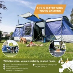 Skandika Montana 8 Sleeper Tent – Tunneltent – 8 Persoons Familietent - Campingtent – Sleeper Technology (2 Tot 4 Extra Donkere Slaapcabines) – Ingenaaide Tentvloer - Muggengaas – 700 X 310 X 200 Cm (LxBxH) – 5000mm Waterkolom – Kamperen – Blauw/wit -Beste Kampeer Winkel 1200x1200 948