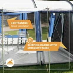 Skandika Montana 8 Tent – Tunneltenten – 8 Persoons Tent – Campingtent – 200 Cm Stahoogte – 2-4 Slaapcabines - Muggengaas – Familietent – 4 Ingangen – 700 X 310 X 200 Cm (L X B X H) - 5000 Mm Waterkolom – Outdoor, Camping – Kamperen – Blauw -Beste Kampeer Winkel 1200x1200 950