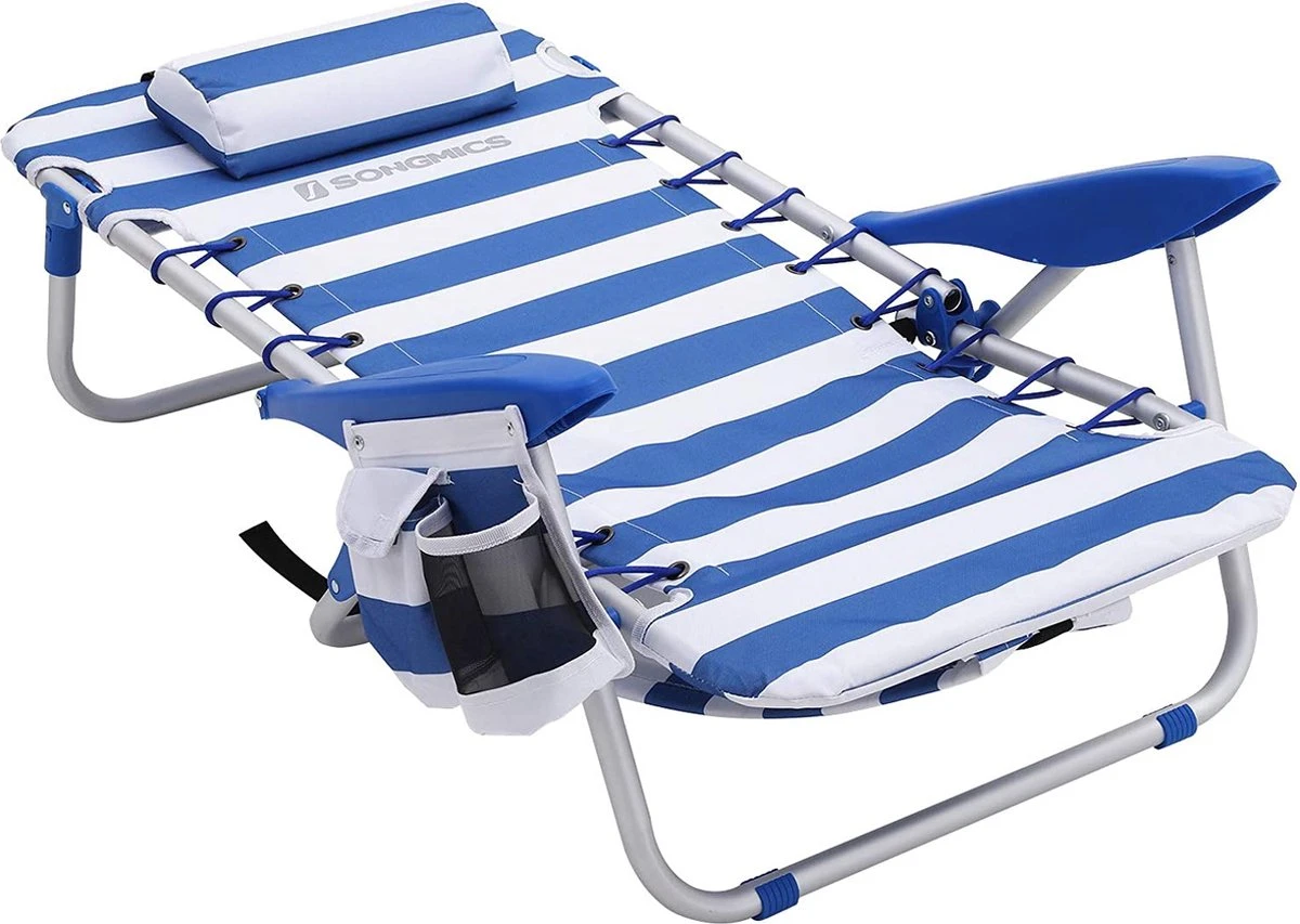 Naqsh Store Strandstoel Met Hoofdkussen, Aluminium, Draagbare Vouwstoel, Campingstoel, Opvouwbaar En Verstelbaar, Zoals Een Rugzak Draagbaar, Buitenstoel, Blauw En Wit Gestreept GCB62BU 4 Naqsh Store Strandstoel Met Hoofdkussen, Aluminium, Draagbare Vouwstoel, Campingstoel, Opvouwbaar En Verstelbaar, Zoals Een Rugzak Draagbaar, Buitenstoel, Blauw En Wit Gestreept GCB62BU - Afbeelding 2